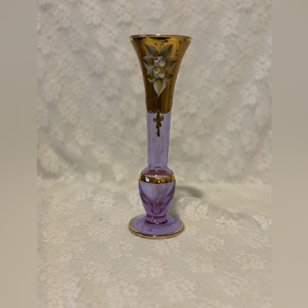 Purple with White Flowers on Gold Background glass bud vase